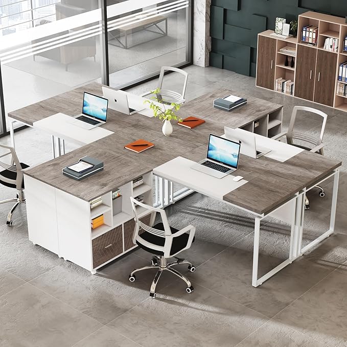 Tribesigns L-Shaped Desk with Drawers 63 Office Desk with File Cabinet Computer Executive Desk with Drawer Cabinet Set (Gray &amp White)