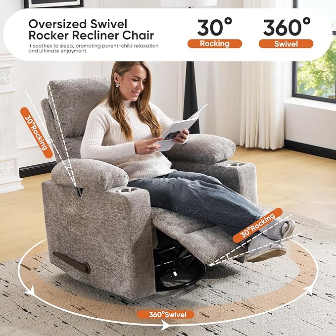 Swivel Rocker Recliner with Adjustable Armrests Rocking Nursery Chair with Adjustable Headrest Cup Holder Manual Recliner Nursing Chair for Breastfeeding Chenille Light Grey