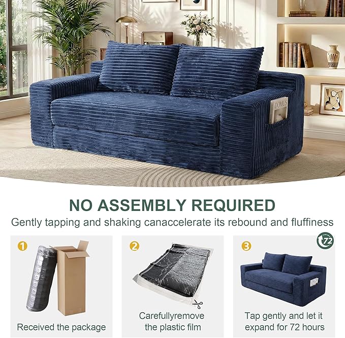 73 Convertible Sofa Bed 2 in 1 Folding Couch Bed Boneless Couch in a Box Cloud Loveseat Sleeper Fold Out Comfy Floor Futon Sofa with 2 Pillows for Living Room Bedroom No Assembly (Blue 73)