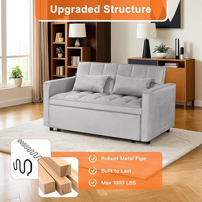 Sleeper Sofa Couch with Pullout Bed 54'' Velvet Futon Loveseat Sofa 3-in-1 Convertible Love Seat Couch for Living Room Apartment Chair Bed Sleeper for Adults (Gray)