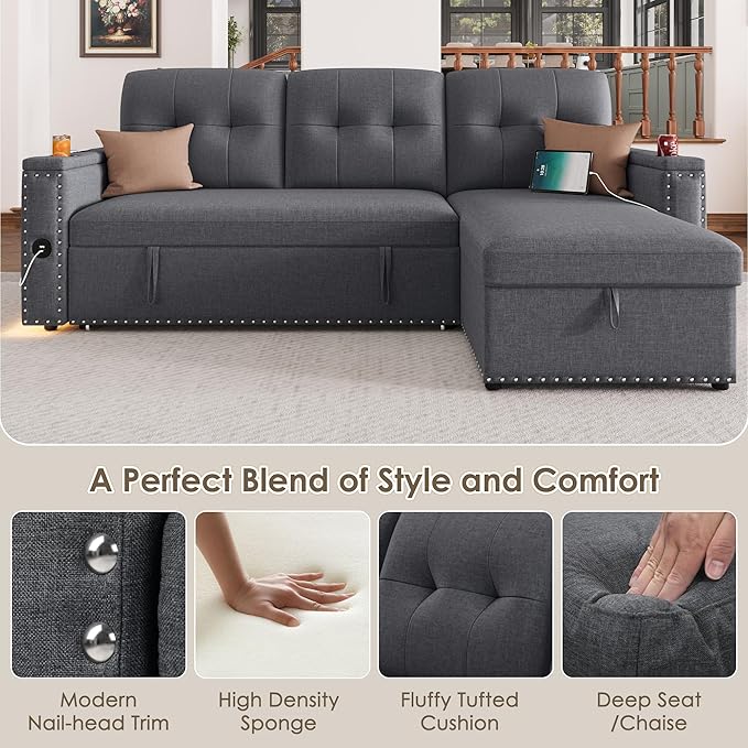 HIFIT Sleeper Sofa Bed- 81 L Shaped Pull Out Couches for Living Room with Storage Chaise 2 Storage Armrest LED Light&ampUSB Port&ampCupholder Modern Linen Sectional Home Sofa Living Room Furnitu