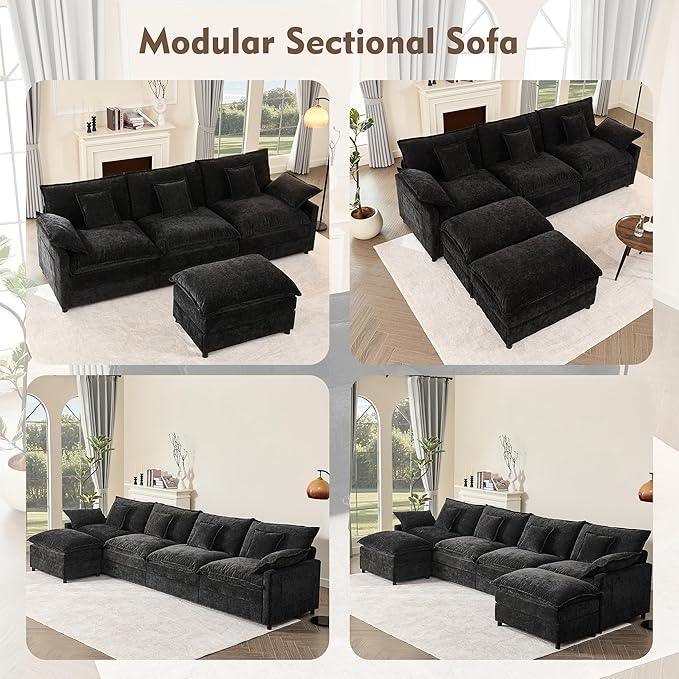 108 U Shaped Couch Modular Sectional Sofa 3-Seater Comfy Cloud Couch Set of Modular Pieces with Movable Ottoman Deep Seat Couches for Living Room Chenille Black