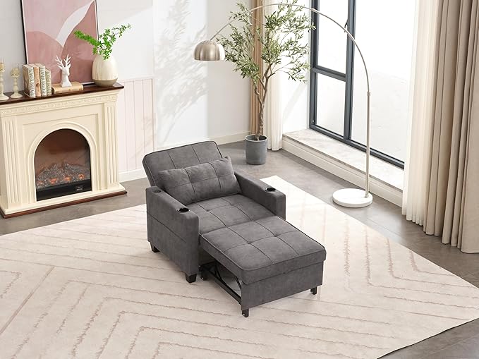 Sleeper Chair Bed Convertible Chair Bed Pull Out Chair Beds with USB Charging &amp Cupholders Adjustable Backrest Leather Futon Chair Bed for Living Room Bedroom (Dark Grey(Cloth))