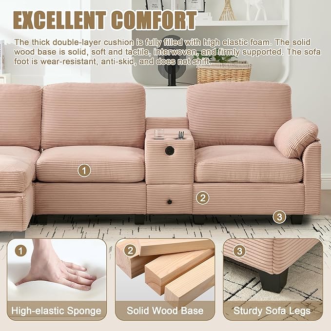 KEIKI 105 L-Shaped Oversized Corduroy Modular Sectional Sofa with 1 Ottoman and Multi Functional Console 4-Seater Upholstered Couch with USB and 2 Cup Holder Easy Assembly for Living Room Pink
