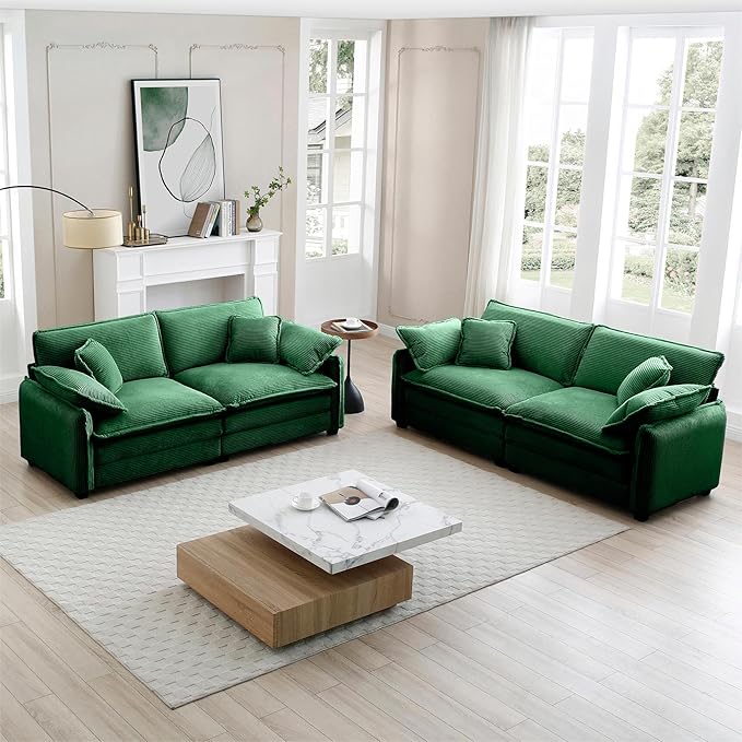 Aoowow 2 Pieces Modular Sectional Sofa Set of Loveseat CouchModern Corduroy Comfy Cloud Deep Seat Couches Set with 4 Throw Pillows and 4 Arm Pillows for Living Room Apartment(Green)