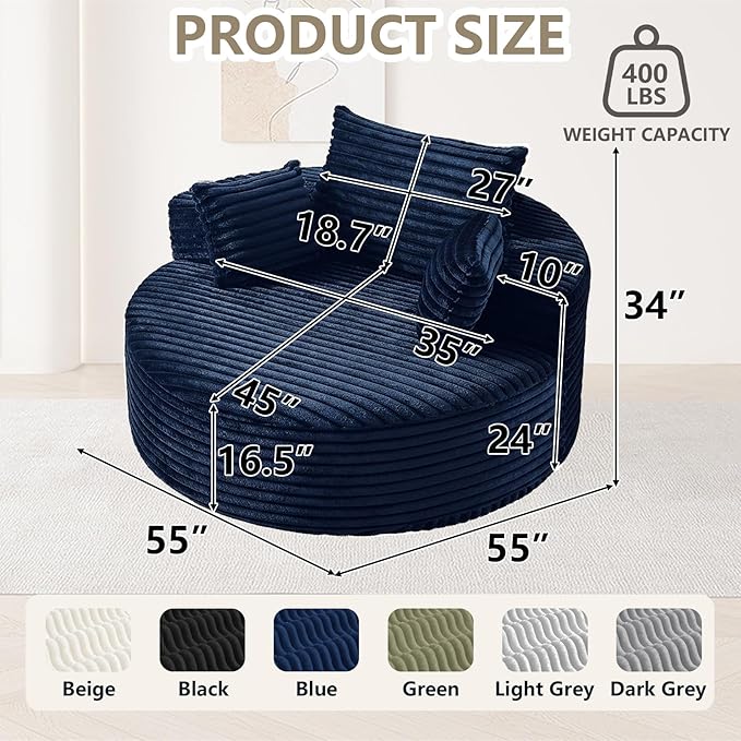 55 L Corduroy Sponge Single Sofa Oversized Round Chair Fluffy Modern Sleeper Chairs for Living Room Lounge and Projection Room Wide Armrest Lounge Chairs Armchair with Pillow Blue