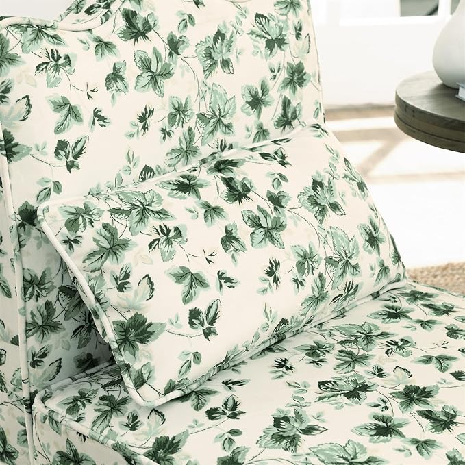 Polibi Retro Single Chair with Flower Pattern and Wave-Shape Edge Flannel Upholstered Armless Sofa Chair with Seat Cushion and Pillow for Living Room Bedroom Green Flower