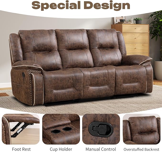 EBELLO Faux Leather Manual Recliner 3 Seater Reclining Sofa Chair 3 Seat Sofa Couch with Hidden Cup Holders Vintage Rivet Mid-Century Design for Living Room Meeting Room Brown