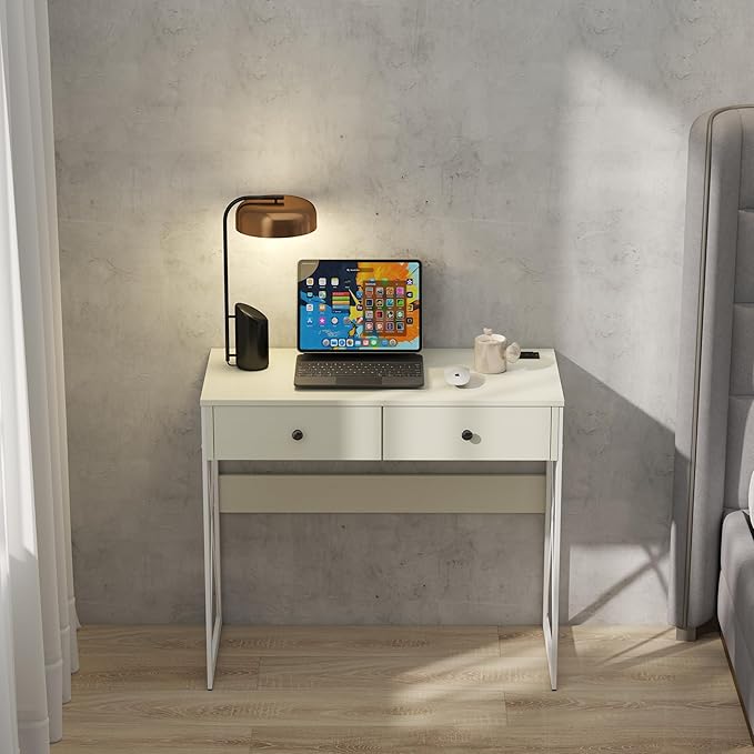 Manora Compact Computer Desk with Power Outlets 2 Drawers and Metal Frame 31.5 Small Desk for Home Office Study or Makeup Area White