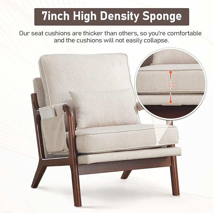 ANJ Mid Century Modern Accent Chair Lounge Reading Armchair with Extra Side Pocket &amp Detachable Cushion Comfy Fabric Accent Chairs for Living Room BedroomBeige