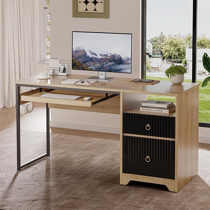 Bestier 55 Inch Computer Desk with Keyboard Tray Modern Office Desk with Storage Wood Writing Desk with File Drawer Fluted Panel &amp 2 Hooks for Home Office &amp Studio Natural Oak