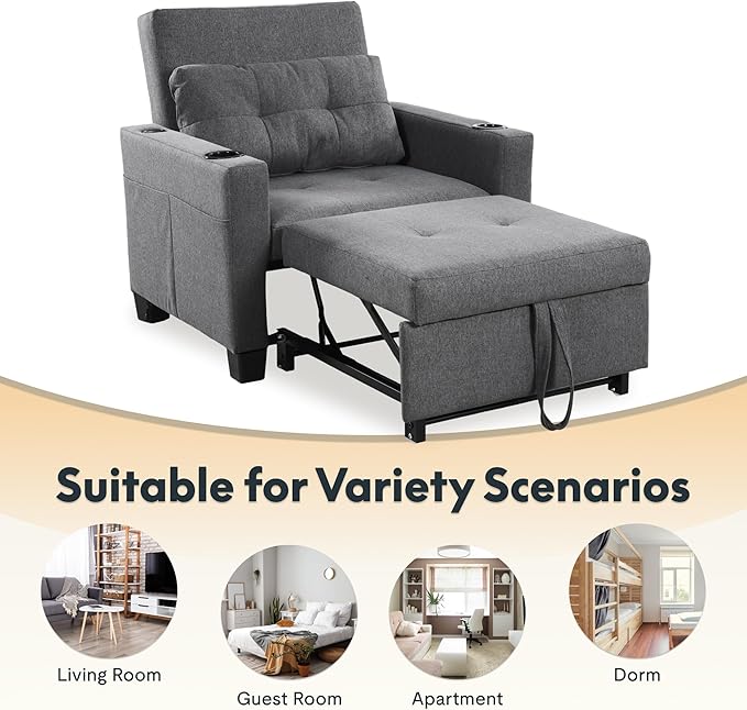 FLEXISPOT XCT2 Sleeper Chair Bed Sofa Bed Chair 3 in 1 w/USB Port Pillow Cup Holders Convertible Pull Out Bed W/Adjustable Backrest for Living Room Apartment Small Space Grey