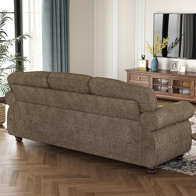 ONBRILL 90 Inch Rolled Arm Sofa for Living Room Deep Seat Nailhead Trim Couch Comfy 3 Seater Chenille Couch w/Wooden Leg Springs Seat Cushion Large Traditional Sofa for Farmhouse Brown