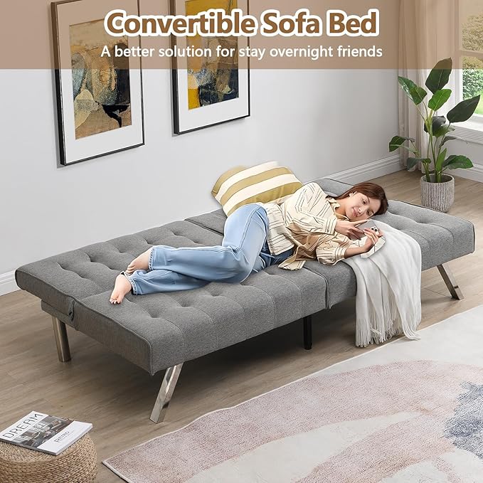 Modern Convertible Futon Sofa Bed Adjustable Loveseat Futon Couch with Metal Legs Upholstered Sofa Bed with Wood Frame Sleeper Couches for Small Compact RV Living RoomOffice (Grey-Fabric)