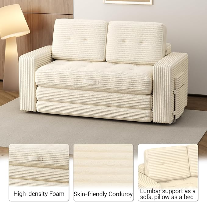 3 Fold Convertible Sofa Bed Pull Out Loveseat Couch Sleeper Sofa Folding Sofabed with Pillows for Living Room Bedroom Beige