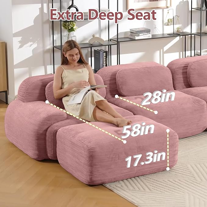 Boneless Sectional Couch No Assembly Required 152.7” L Shaped Modular Cloud Sofa with Pillow and Ottoman Deep Seat Corduroy Couch for Living Room Bedroom Office Apartment