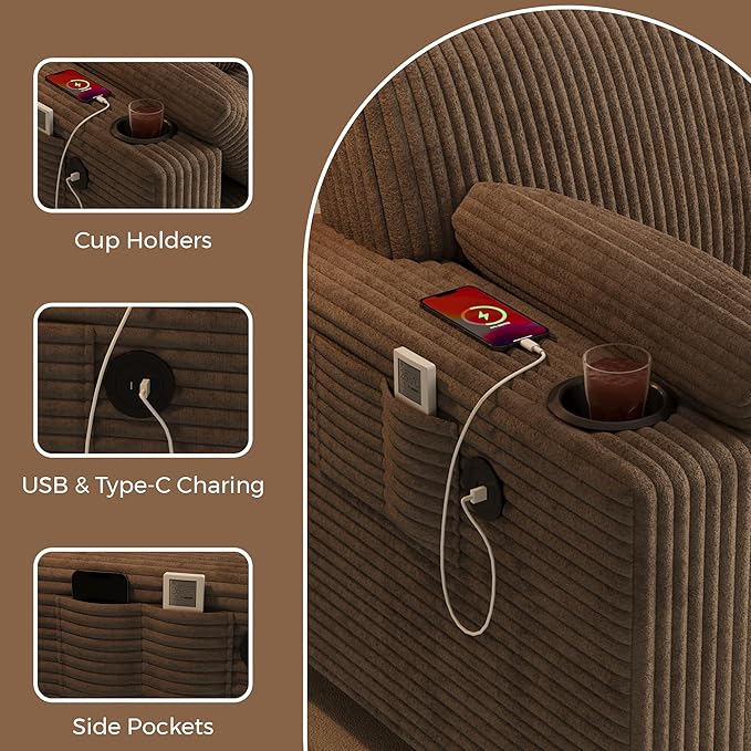 80'' Couches for Living Room Corduroy Cloud Couch Sofa with Cup Holders &amp USB 2 Pillows Comfy 3 Seater Sofas Modern loveseat Couch for Small SpaceApartmentBedroom Light Brown