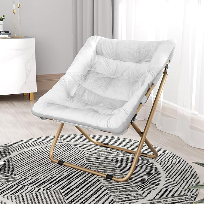 Foldable Oversized Moon Chair Large Soft Lazy Cozy Comfortable Faux Fur Square Saucer Moon Chair for Teens and Adults White