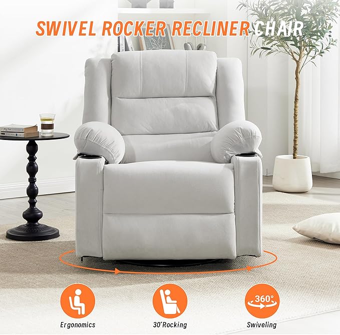 360°Swivel Rocker Recliner Chair for AdultsManual Glider Recliner Sofa with Massage and Heating Nursery Rocking Chairs with Cup Holds for Living Room Bedroom (Beige)