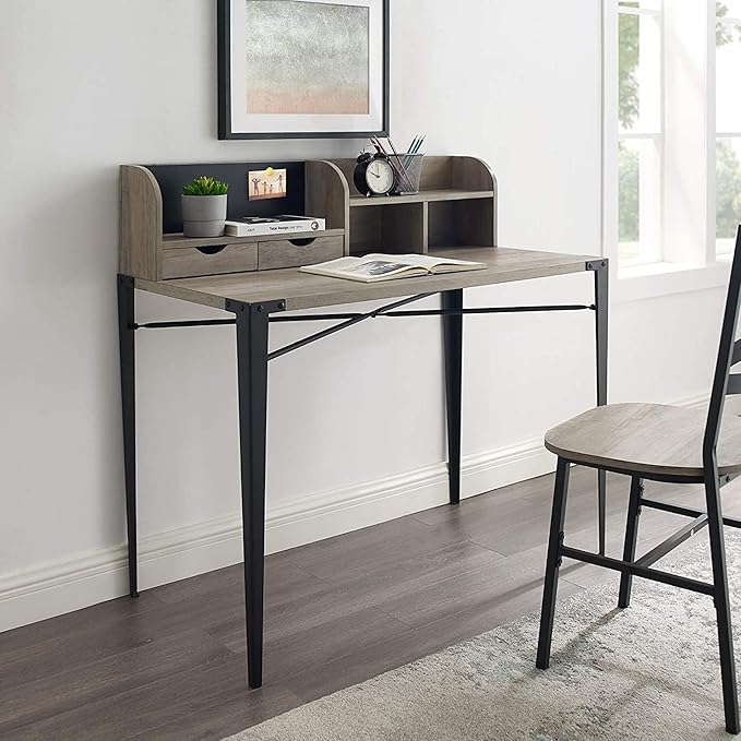 Industrial Modern Wooden Secretary Office Desk with Hutch - Grey Wash 42