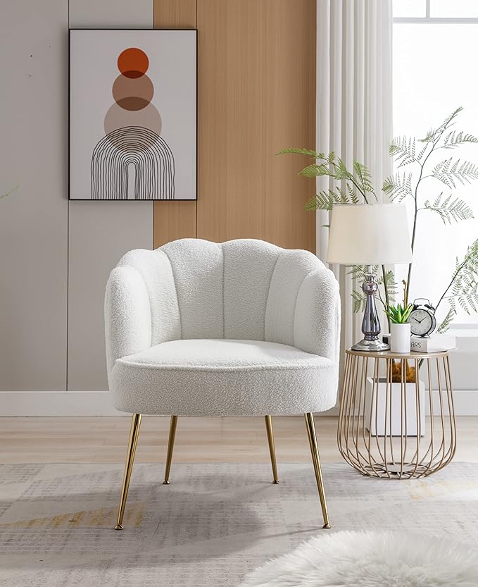 Shell Shape Teddy Fabric Armchair Accent Chair with Gold Legs for Living Room BedroomCreme White