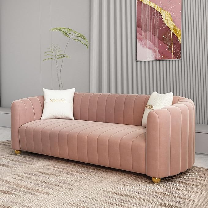 Modern Pink Velvet Couch for Living Room 83.46 Curved Sofa with Gold Metal Sphere Legs 3 Seater Upholstered Cute Couch (Pink)