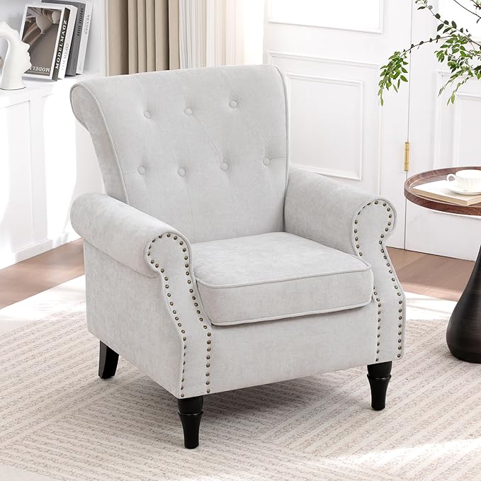 Wingback Accent Chairs Set of 2 for Living Room Comfy Upholstered Armchair with Removable Cushion Reading Chair with Nailhead Trim and Wood Legs Single Chair for Living (Light Grey)