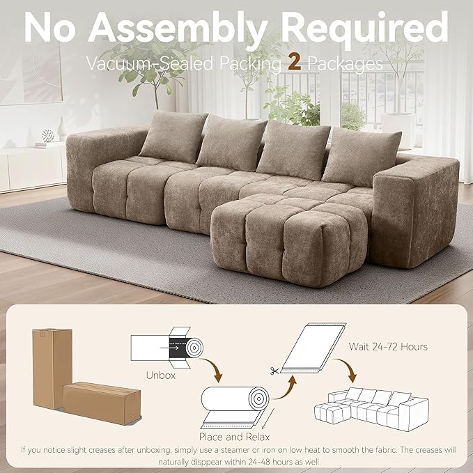 119 Oversized Cloud Boneless Couches for Living Room Modern Tufted Modular Sectional Sofa with Deep Seat &amp Movable Ottoman L Shaped Memory Foam Chenille Couch No Assembly Required Brown