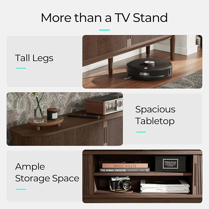 LINSY HOME 58 Fluted TV Stand for TVs up to 65 Inch Mid Century Modern Entertainment Center with Storage Cabinet and Sliding Doors Farmhouse Wood Media TV Console for Living Room Bedroom Walnut