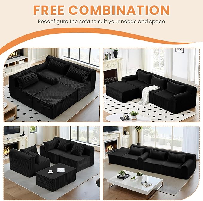 Oversize Boneless Couch for Living Room Comfort L Shaped Cloud Couch Sectional with Deep Seat and Movable OttomanModular Sectional Sofa with 5 PillowsNo Assembly RequiredBlack