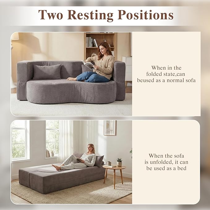 Convertible Sofa Bed 78'' Queen Size Folding Sleeper Sofa with Pillow 2-in-1 Teddy Fabric Boneless Loveseat Floor Couch &amp Mattress for Living Room Guest Room No Assembly Required (Grey)