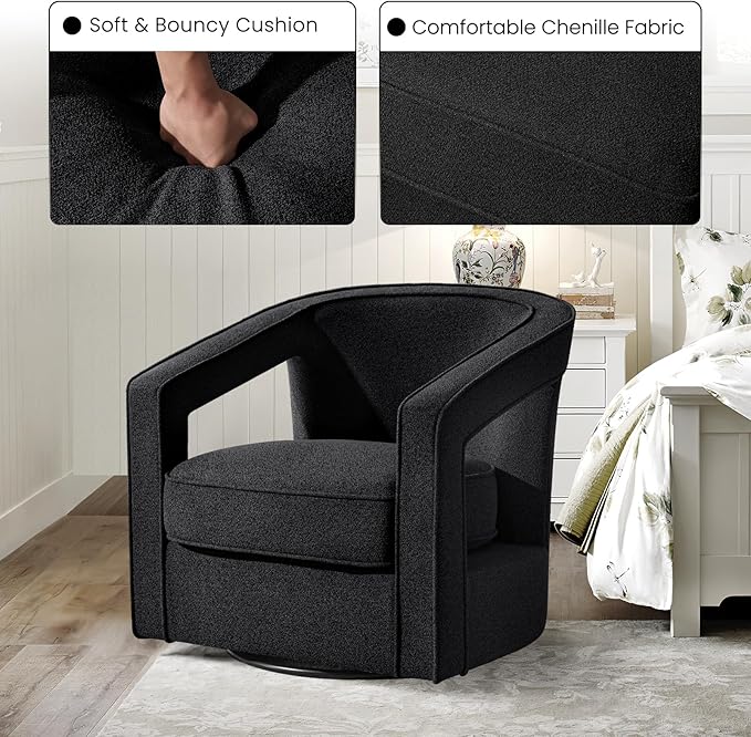 Furniliving Chenille Swivel Accent Chair for Living Room Upholstered Barrel Chair with Curved Back Comfortable Reading Chair for Bedroom Balcany Home Office Black Set of 2