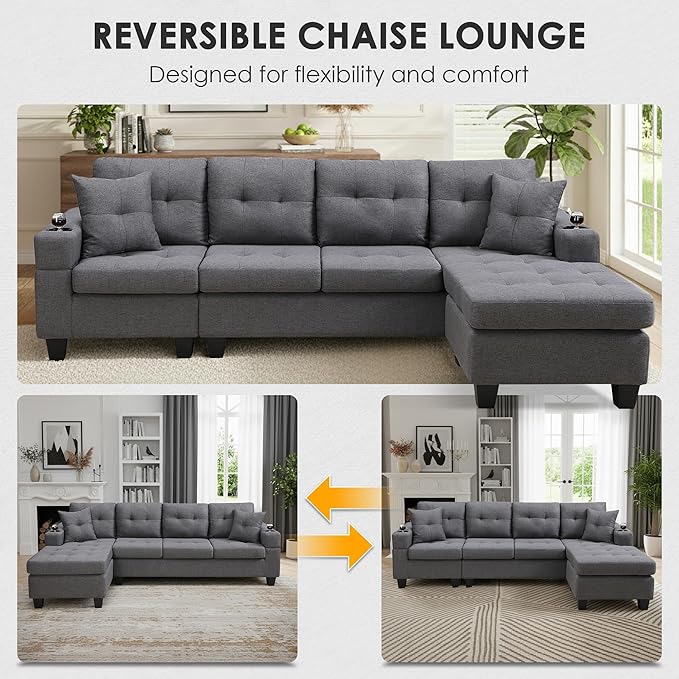 Wakefit Sectional Sofa Couch Modern 4-Seaters Living Room Furniture Sets with Reversible Chaise Lounge &amp 2 Pillows | L Shape Couch | Cup Holders | Linen Fabric Gray