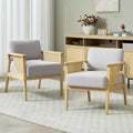 Mid-Century Accent Chair Set of 2 Modern Rattan Armchair Linen Lounge Chair with Wood Legs Upholstered Leisure Chair for Living Room Bedroom Reception Room Grey
