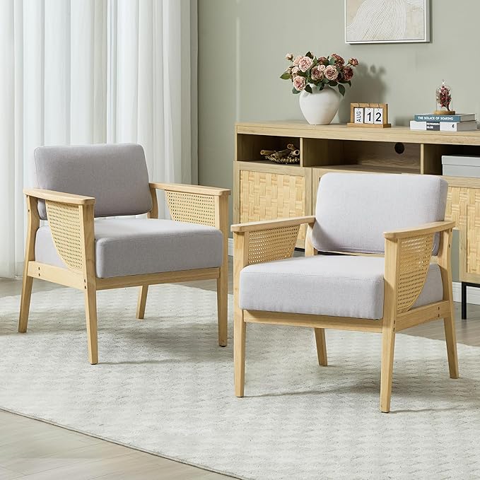 Mid-Century Accent Chair Set of 2 Modern Rattan Armchair Linen Lounge Chair with Wood Legs Upholstered Leisure Chair for Living Room Bedroom Reception Room Grey