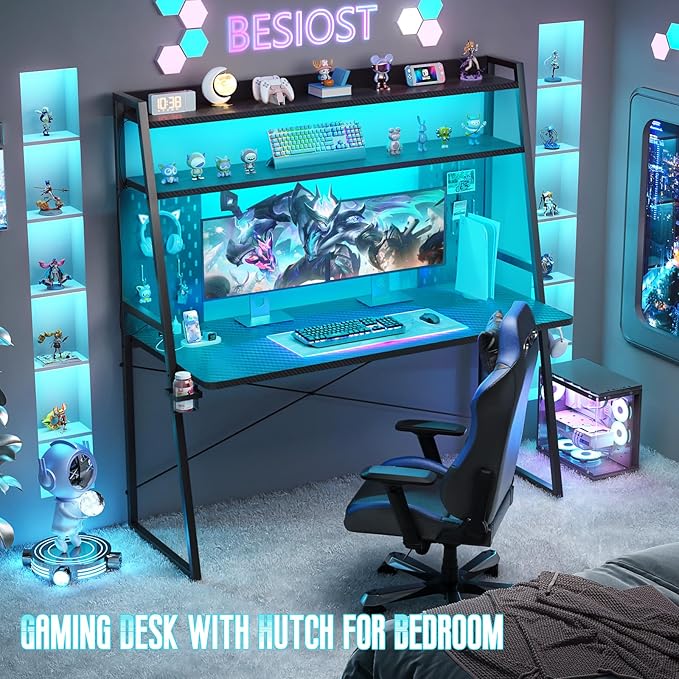 Gaming Desk with Hutch and LED Lights Gaming Computer Desk with Power Outlets Gamer Desk with Storage Shelves PC Game Desks with Pegboards for Bedroom Carbon Fiber Black 49