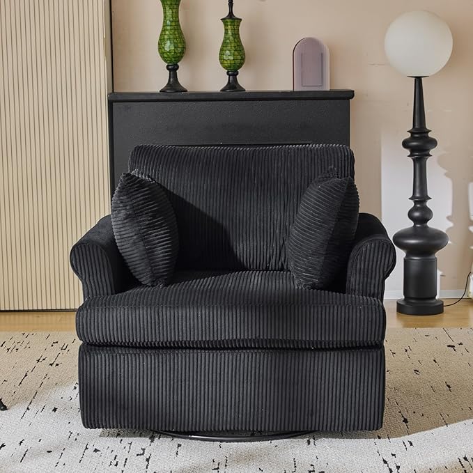 39 Oversized Armchair360°Swivel Accent ChairComfy Upholstered Corduroy Chairs W/2 Pillows and 2 Side PocketsModern Side Reading Seat for Living RoomBedroom and Office (Black)