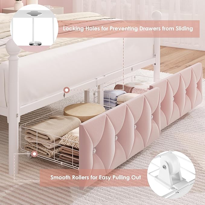 Queen Upholstered Canopy Bed Frame with 2 Drawers &amp Crystal Tufted Storage Headboard Two-Purpose Metal Platform Bed with 4 Removable Posts &amp Charging Station Pink Princess Bed Curtain Not Inc