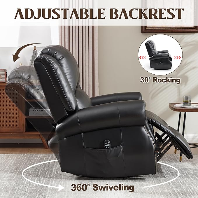Leather Manual 360° Swivel Rocker Recliner for Adults Gulider Reclining Chair for Living Room with Vibration Massage and Lumbar Heat Side Pockets Faux Leather Black