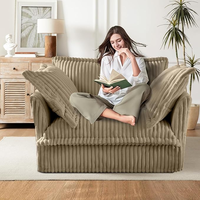 49''W Corduroy Chaise Lounge Chair Indoor Oversized Upholstered Sleeper Sofa with Movable Ottoman and 2 Pillows Removable Sofa Cover for Living Room Home Theater Apartment(Camel)