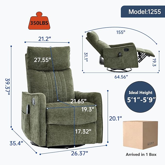 Small Swivel Rocker Recliner Chair for Nursery Heat &amp Massage Manual Upholstered 360° Fabric Glider Chair Small Recliners for Small Spaces Living Room (Green)