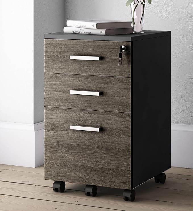 Modern Design Lazio File Cabinet Filing Cabinets for Home Office Drawers for Under Desk Locking 3 Drawer Rolling Wood Filing Cabinet with Lock Black and Grey by Crafts and Comfort