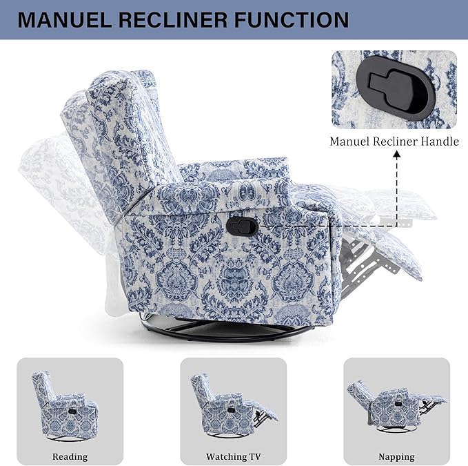 Swivel Rocker Recliner Chair Manual Nursery Glider Recliner Floral Fabric Wingback Accent Chair with Adjustable Backrest &amp Footrest for Small Spaces Living Room Bedroom (Navy Blue Set of 1)