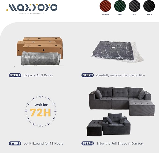 MAXYOYO Modular Sectional Sofa Couch and Chaise Lounge L Shaped Modern Cloud Couch with Ottoman Sofa in A Box Tufted Boneless Sleeper Chair for Living Room No Assembly Required Grey
