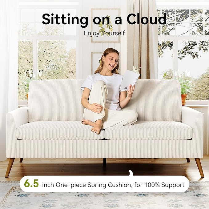 68 Loveseat Sofa Comfy White Corduroy Couches for Living Room Mid Century Modern Love Seat Sofa Tool-Free Setup Small Couches for Bedroom Office