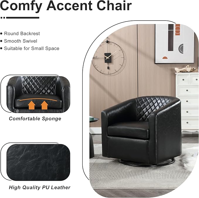 Swivel Gilder Modern Round Armchair 360 Swivel Leather Barrel Club Chair for Living Room Bedroom Office (Black)