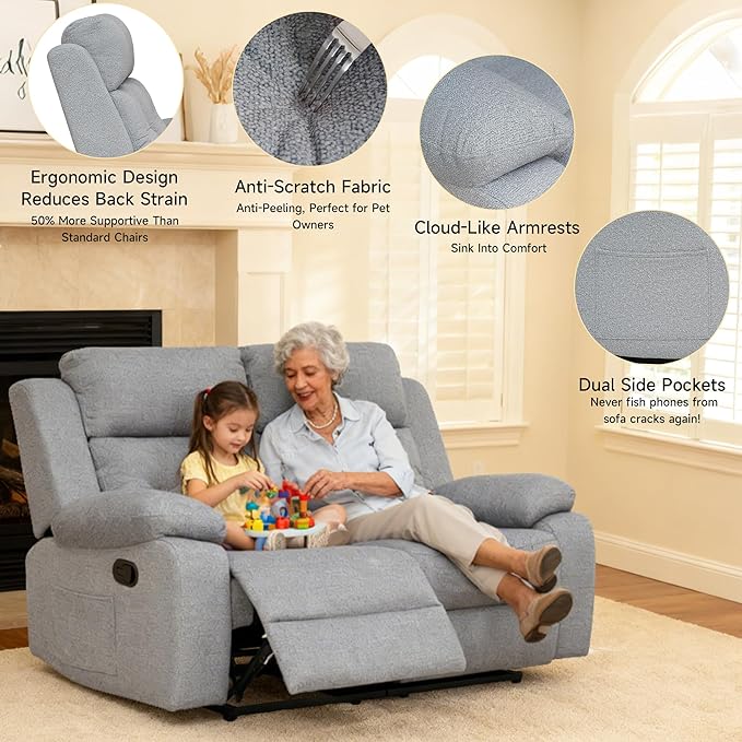 Reclining Loveseat Recliner Sofa 2-Seater Double Manual Dual Recliner Oversized Couches for Living Room Bedroom RV(Loveseat Grey)