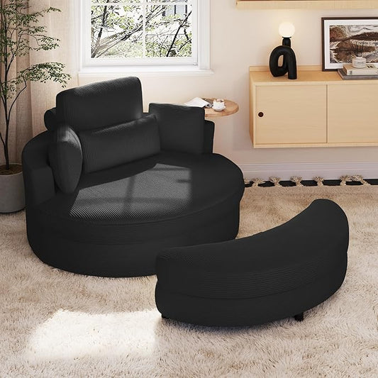 Yoglad Oversized Round Swivel Accent Chair with Ottoman &amp Wooden Armrest Tray – 360° Rotation and Stylish Modern Corduroy Fabric Perfect for Living Room/Apartment/Studio(Black)