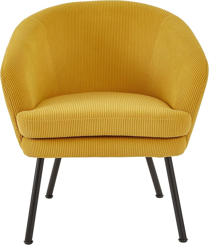 Modern Corduroy Accent Chair with Channel Back Design Black Metal Legs and Soft Upholstery Comfortable Seating for Living Room Bedroom or Office Yellow