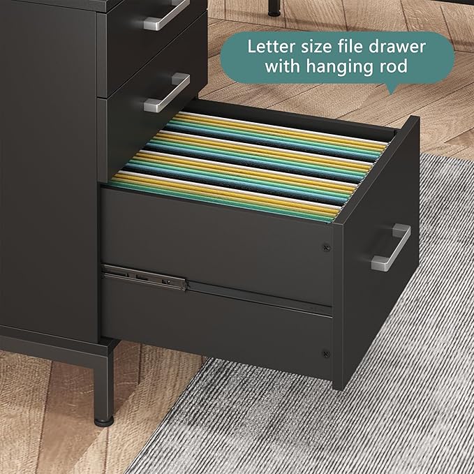 TVU 59’‘ L Shaped Desk with 6 Wood Drawers Large Home Office Corner Computer Desk with Storage File Cabinet Modern Metal Wood Desk for Executive Writing Study Workstation Black